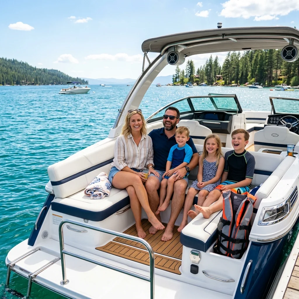Family enjoying boating on a sunny lake
