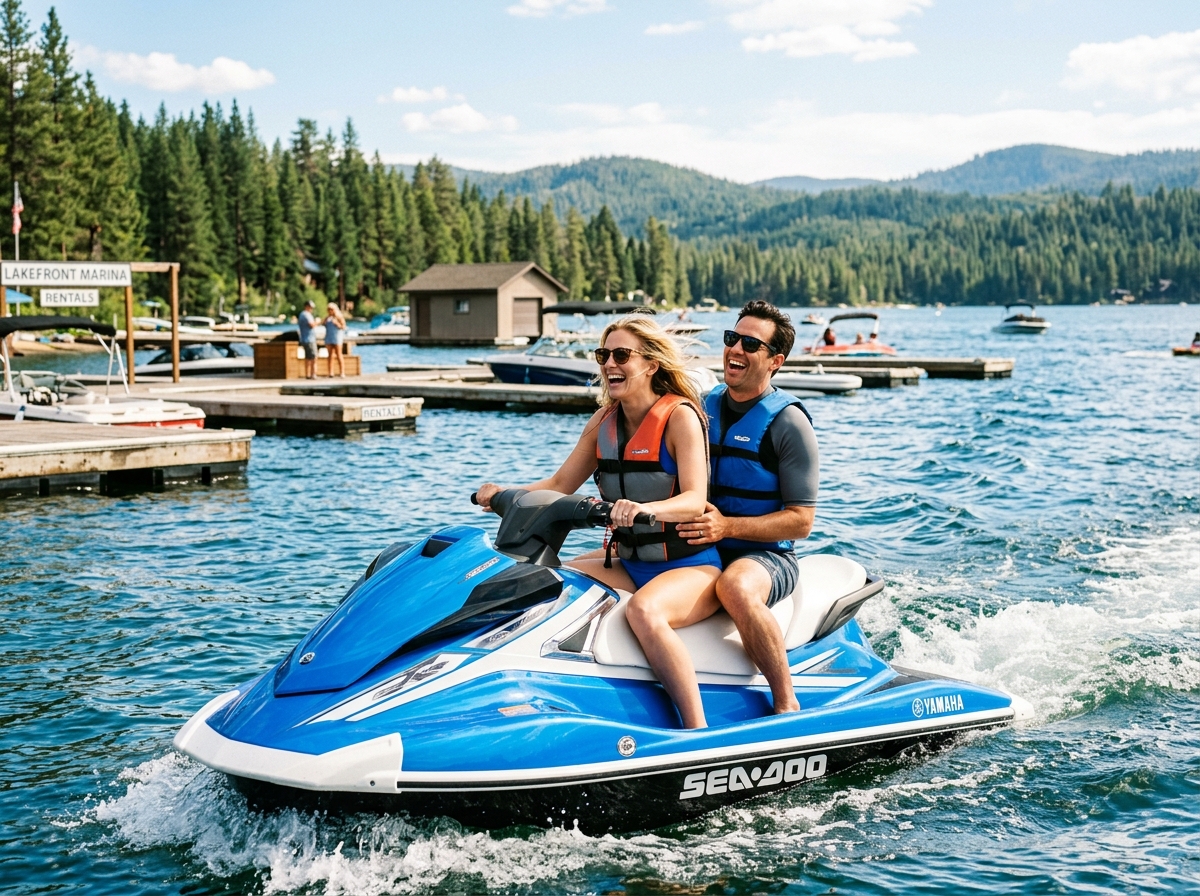 Couple enjoying jet ski on summer lake