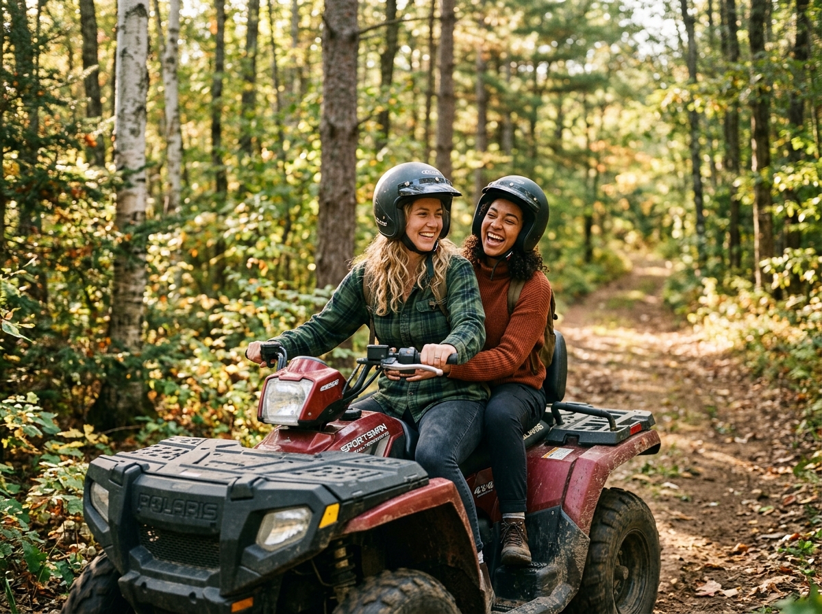 Friends riding ATV on outdoor trail