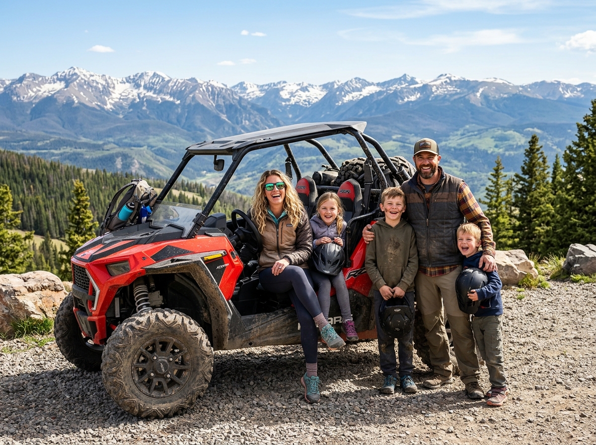 Family with UTV at scenic mountain overlook