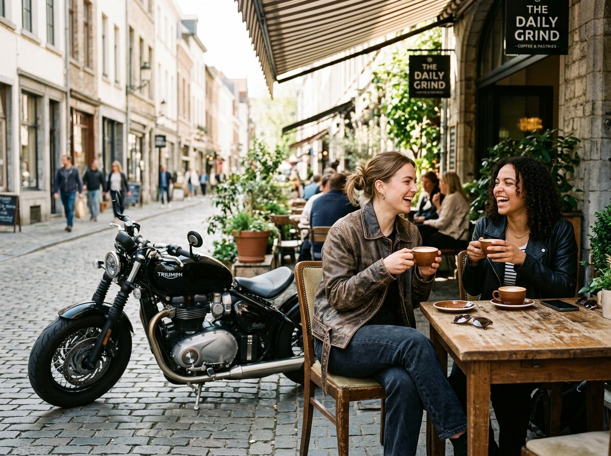 Motorcycle riders enjoying coffee at outdoor cafe with custom bike
