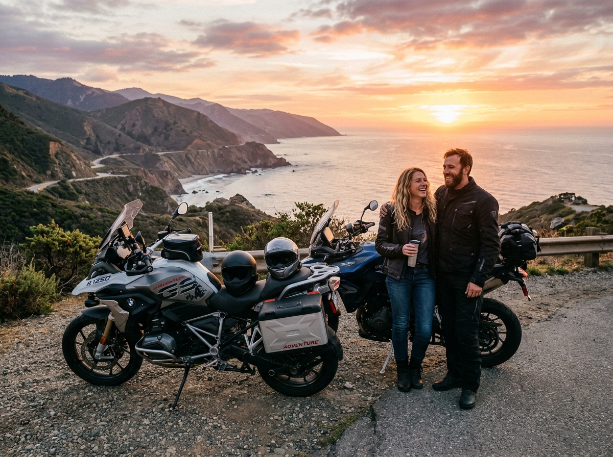 Couple with touring motorcycles at sunset