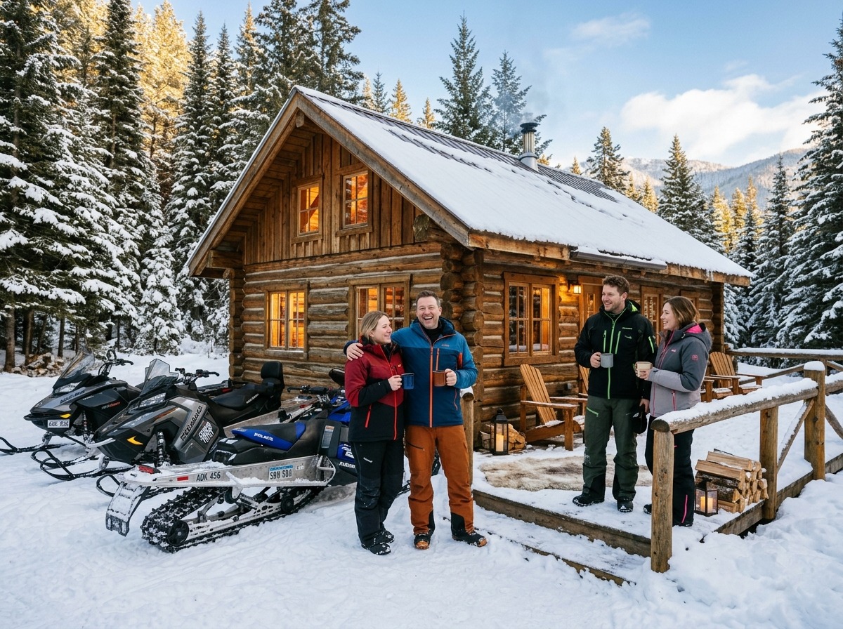 Snowmobile riders outside cozy mountain log cabin in winter forest