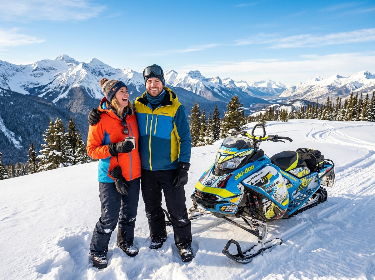 Happy couple with snowmobile in snowy mountains