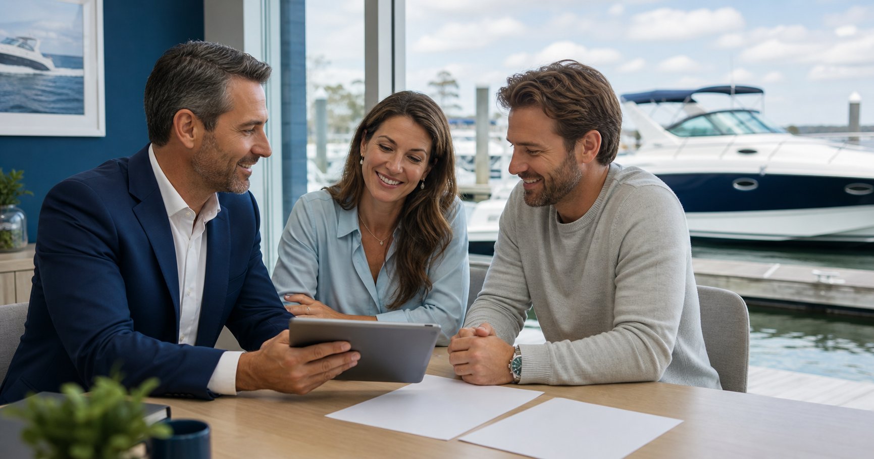 A finance advisor explaining boat financing to a couple at a marina