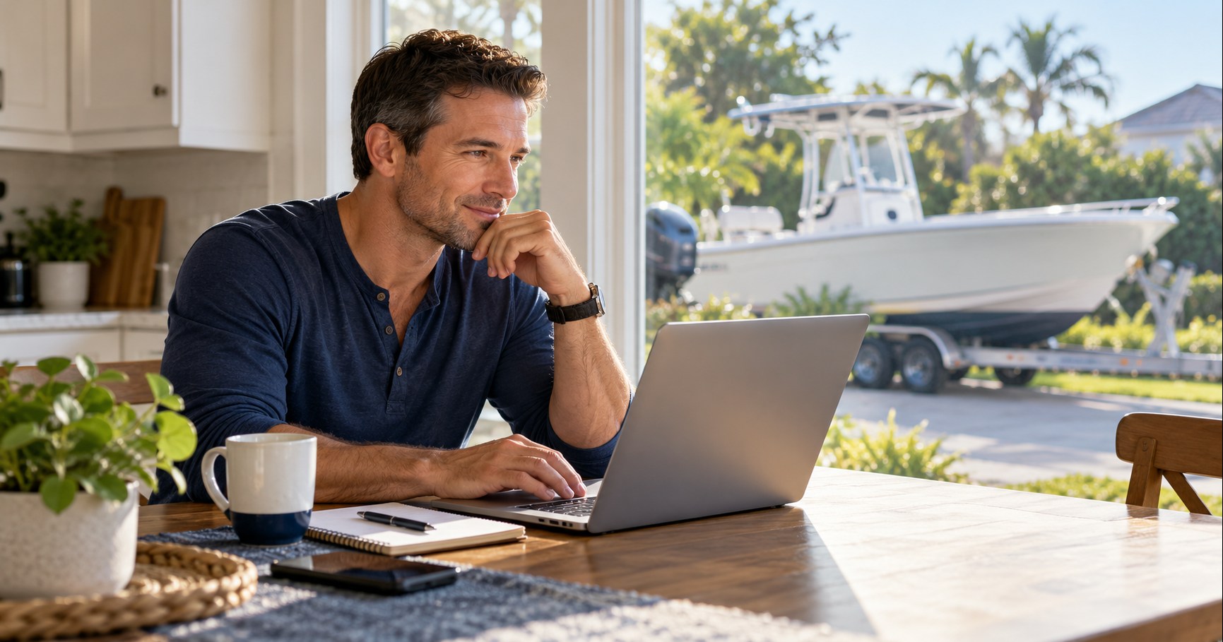 A man reviewing his credit options on a laptop before applying for a boat loan