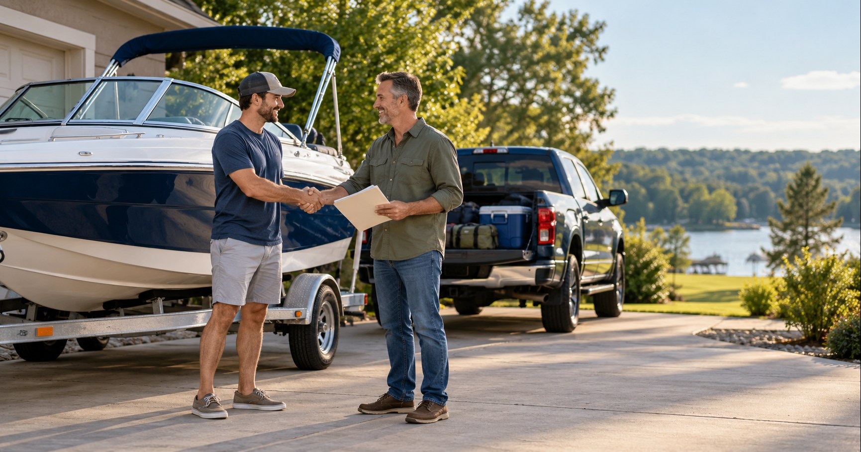 A buyer and a private seller reviewing a boat title and bill of sale next to a boat on a trailer