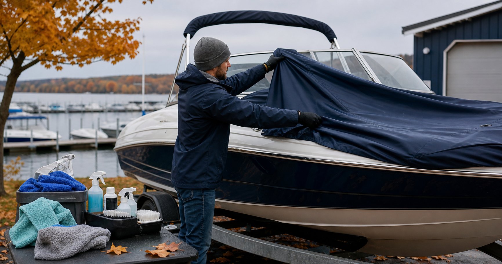 A boat owner fitting a protective cover for end-of-season storage