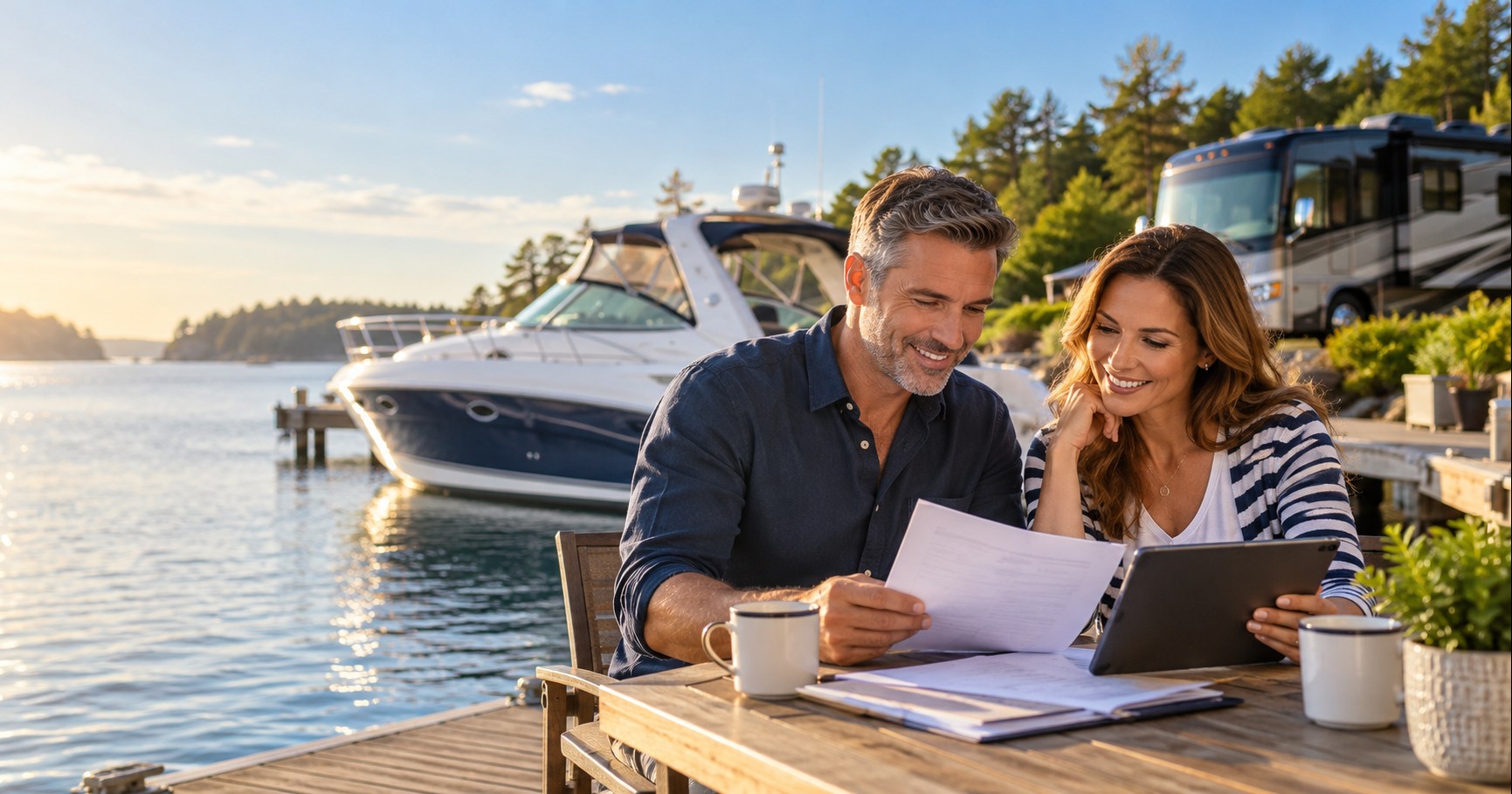A couple reviewing boat loan payment options at a marina dock