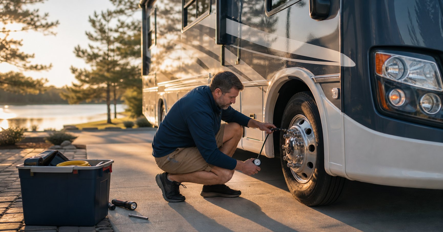 An RV owner checking tire pressure before a trip