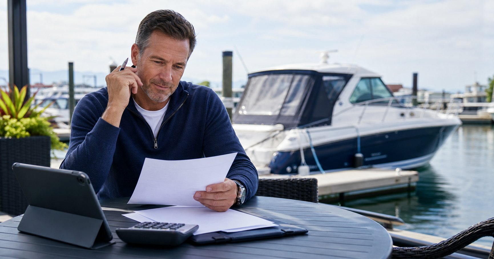 A boat owner reviewing loan documents and a calculator at a marina